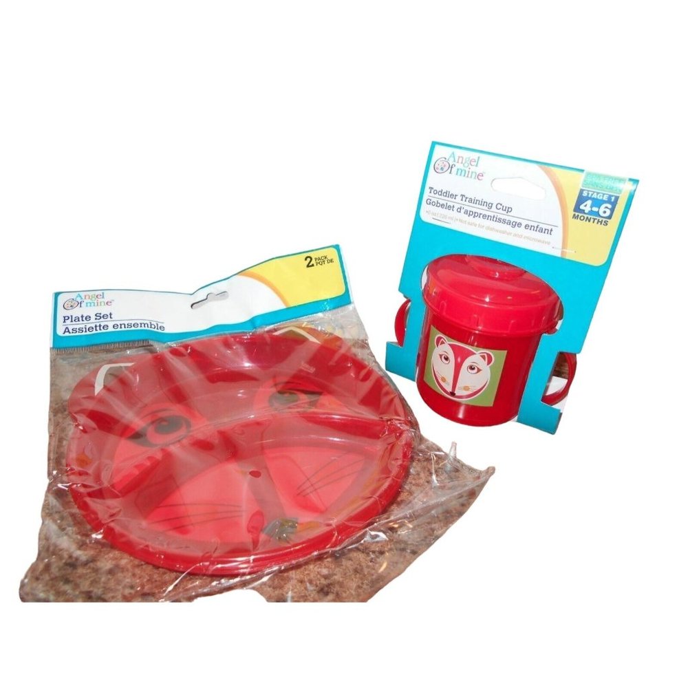 New 3 Pc Set Angel Of Mine Red Fox Divided Plate 2 pk & Toddler Training Cup